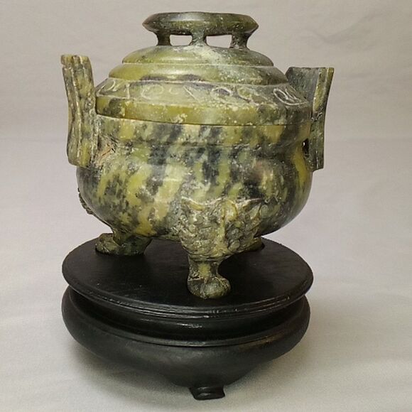 Vintage Chinese Carved Serpentine Stone Lidded Jar Censer With Handles Foo Dogs